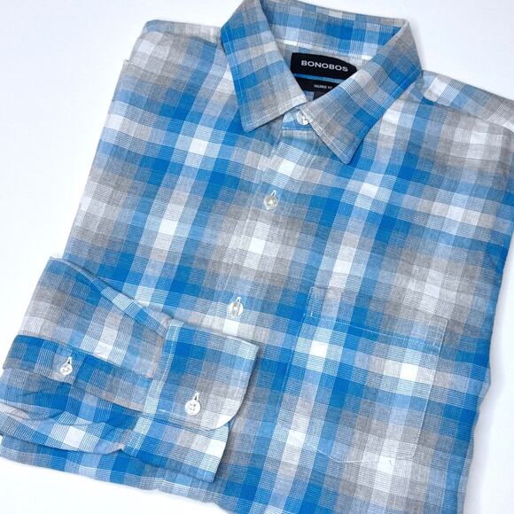 Bonobos Men's Tailored Fit Blue Gray White‎ Plaid Medium Button Front Shirt - Picture 1 of 7